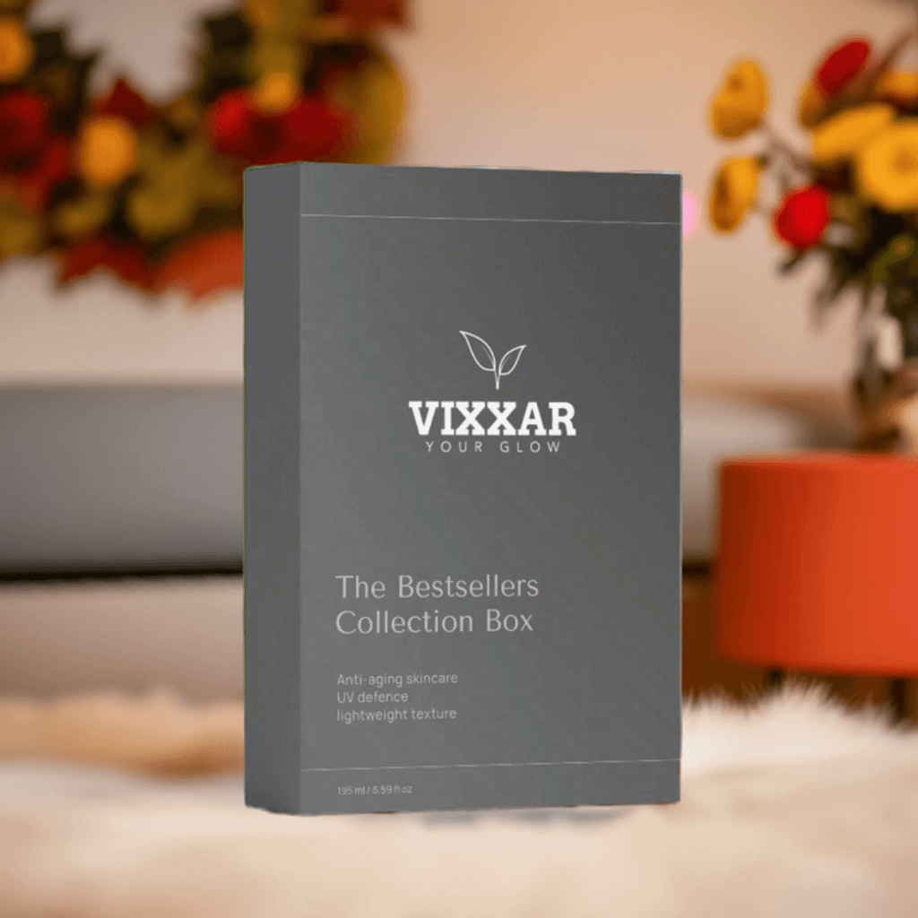 Vixxar Bestsellers Collection Box featuring SPF30 skincare, day cream, and peptide serum for anti-aging and UV protection.