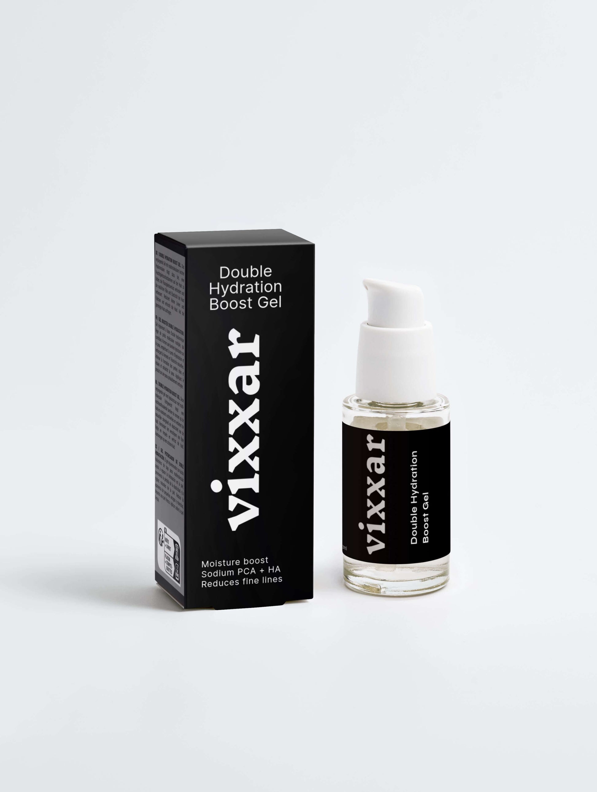 Vixxar Double Hydration Boost Gel with box, showcasing premium hydrating skincare product for radiant, plump skin.