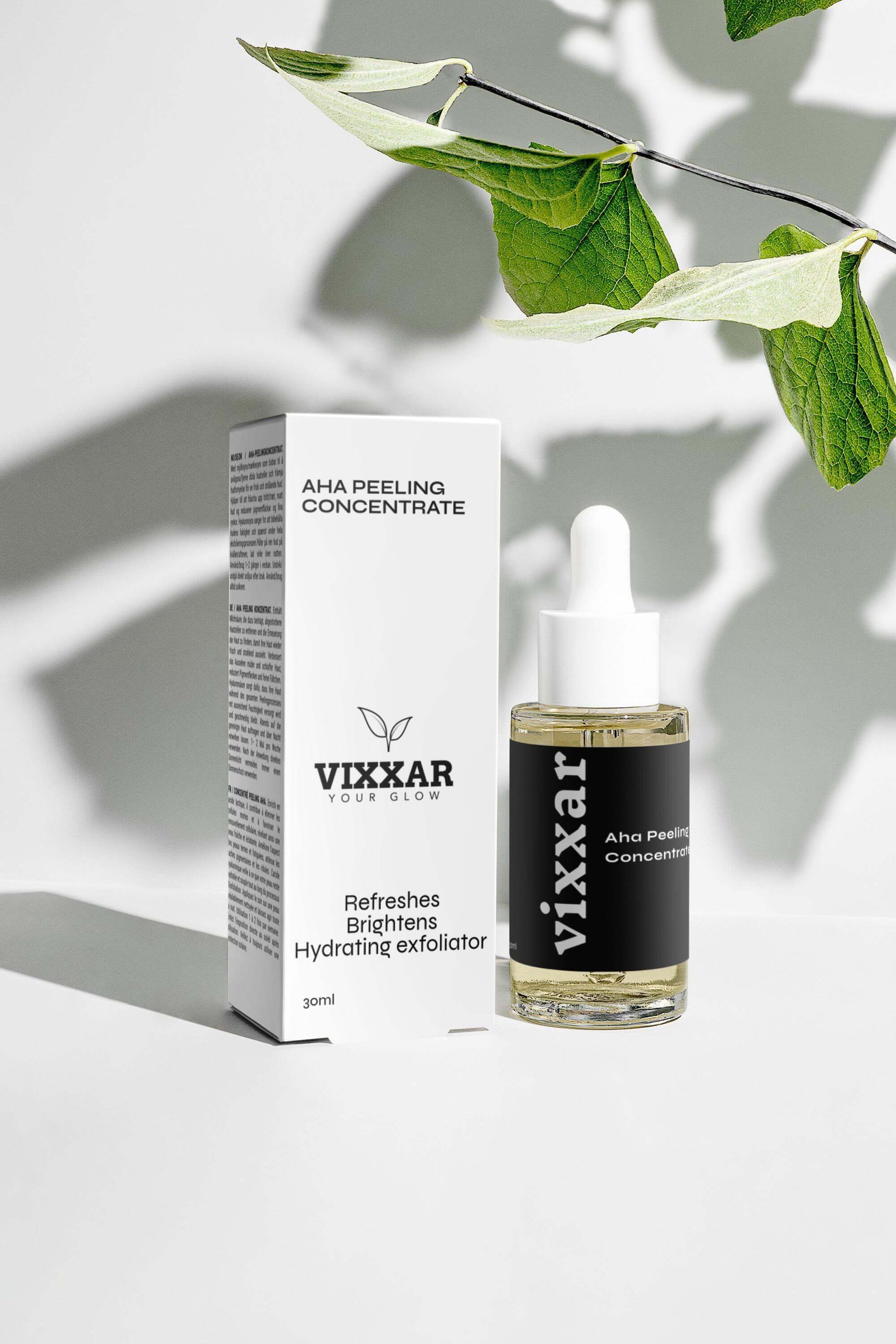 Vixxar AHA Peeling Concentrate - Exfoliating vegan cleanser for refined, radiant skin with hydrating benefits and anti-aging properties.