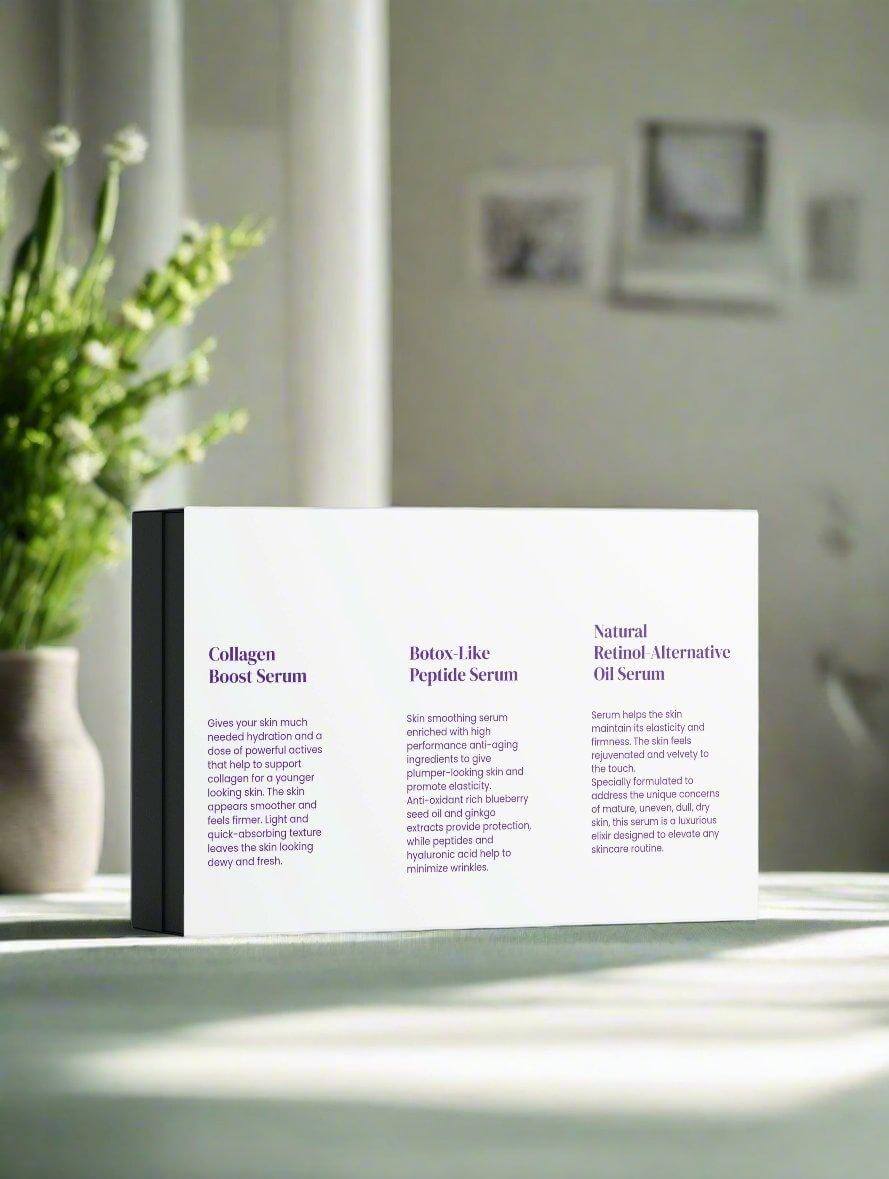 Vegan collagen boost and peptide serums with retinol alternative on a table.