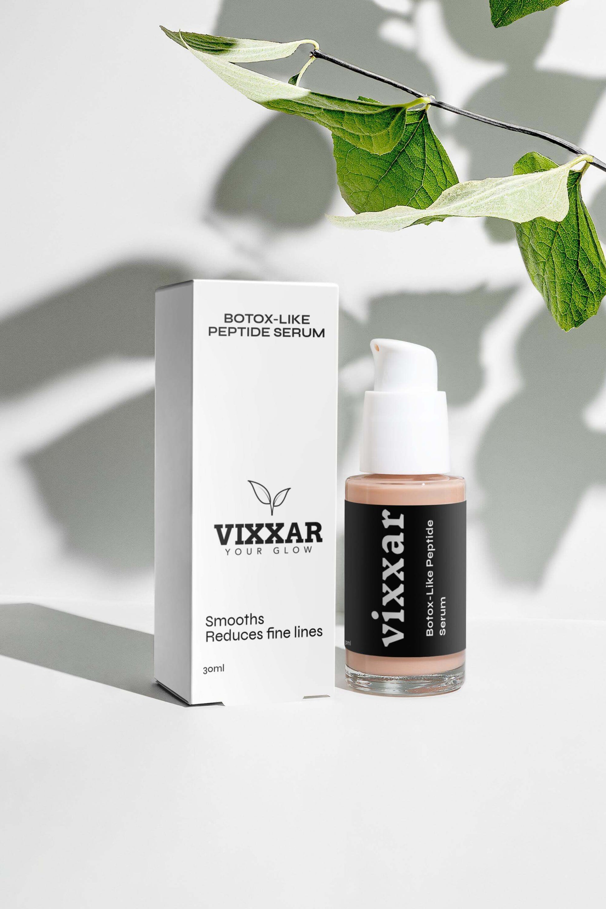 Vixxar Botox-like Peptide Serum bottle and packaging against green leaves backdrop.