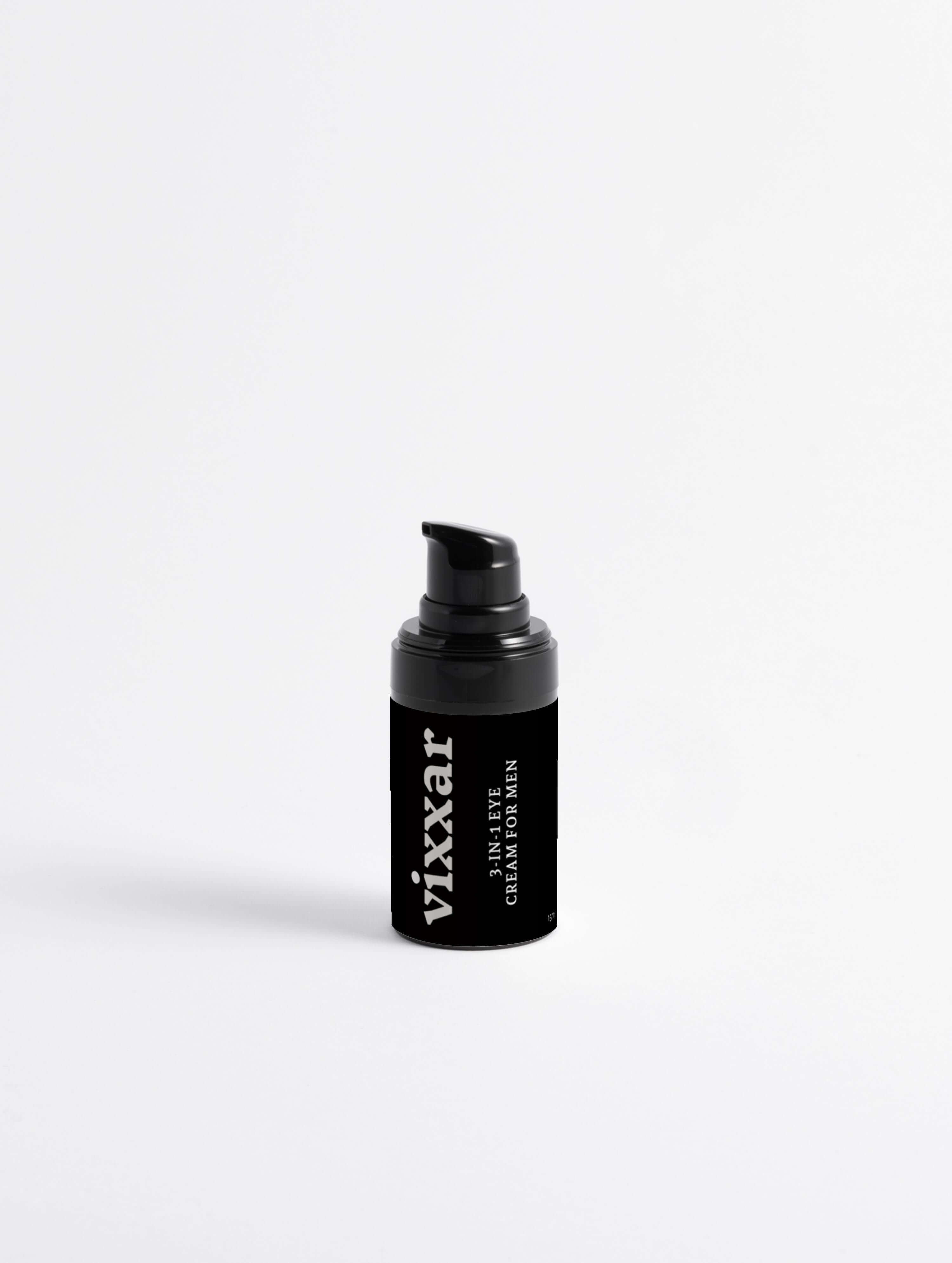 Black bottle of Vixxar Smoothing Eye Cream 15ml for brightening, hydrating, and de-puffing tired eyes with a sleek pump design.