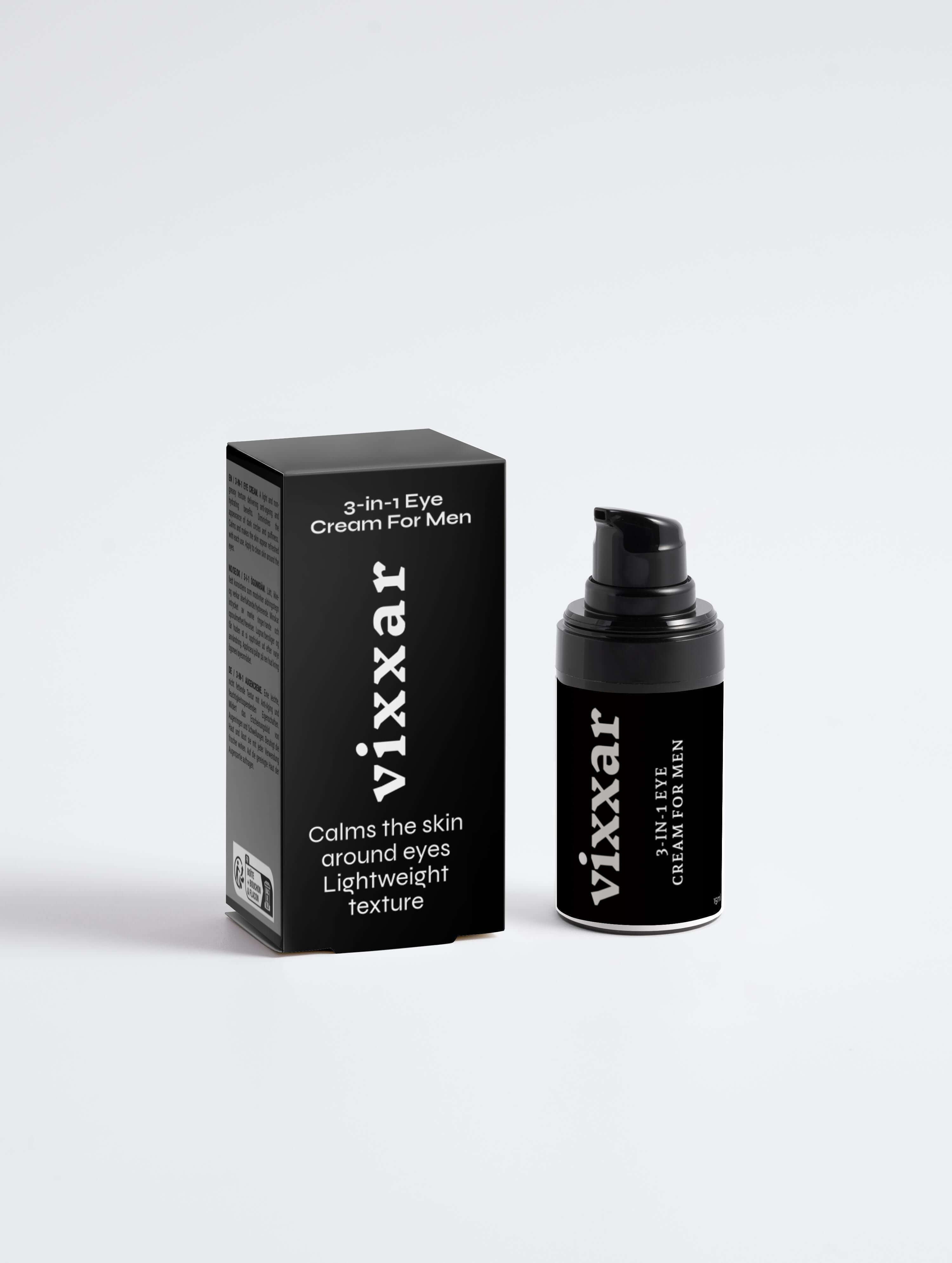 3-in-1 Eye Cream for Men by Vixxer with lightweight texture, calms skin around eyes, includes product box and bottle, 50ml