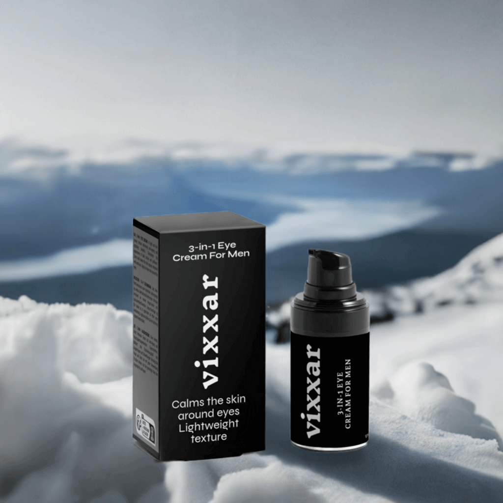 Vixxar 3-in-1 Eye Cream for Men with calming, lightweight texture, against a snowy mountain backdrop