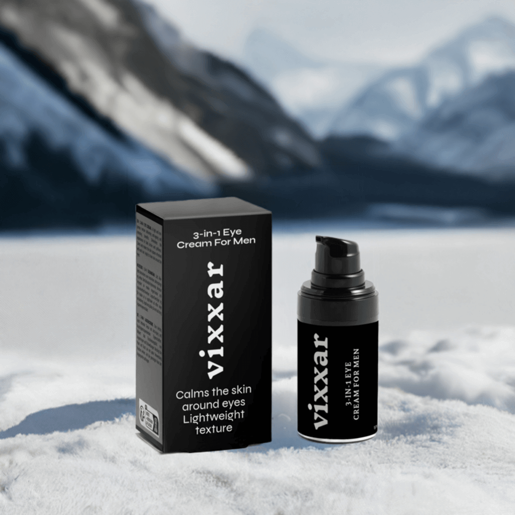 Vixxar 3-in-1 Eye Cream for Men with calming, lightweight formula displayed against a snowy mountain backdrop.