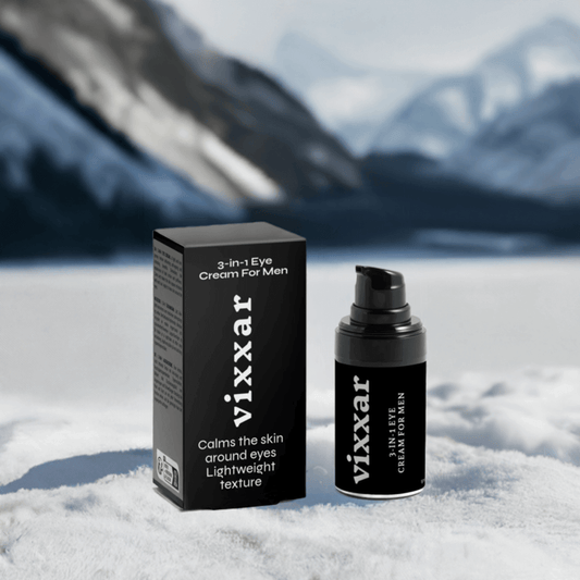 Vixxar 3-in-1 Eye Cream for Men with calming, lightweight formula displayed against a snowy mountain backdrop.
