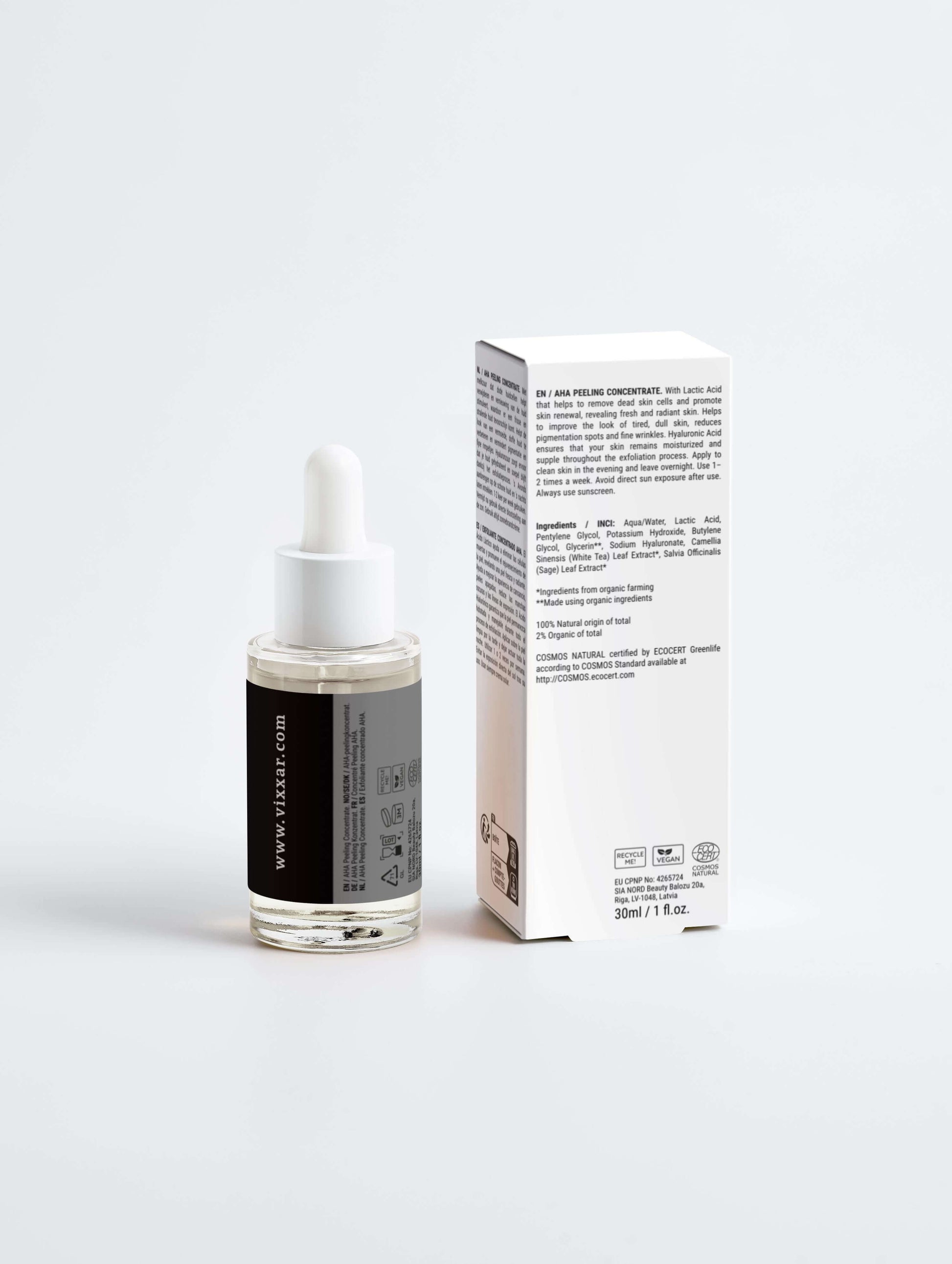AHA Peeling Concentrate 30ml bottle with packaging, featuring lactic acid and hyaluronic exfoliator for smoother, hydrated skin.