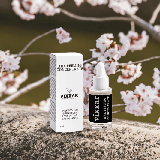 AHA Peeling Concentrate 30ml with lactic acid, hyaluronic exfoliator on a floral background for smooth, radiant skin.