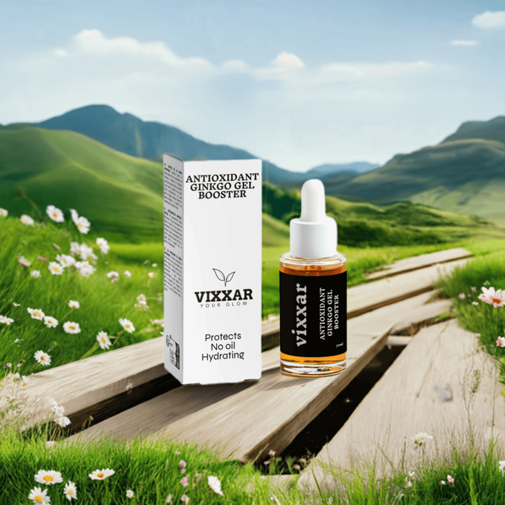 Antioxidant Ginkgo Gel Booster 30ml bottle on a scenic wooden path amidst lush green hills and wildflowers.