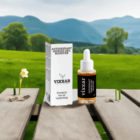 Vixxar Antioxidant Ginkgo Gel Booster 30ml bottle in nature setting, oil-free hydration for healthy skin.