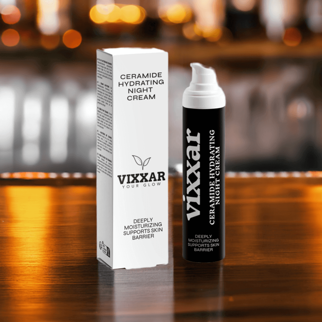 Ceramide Hydrating Night Cream 50ml for dry aging skin, enhances overnight skin repair, intense hydration by Vixxar on wooden surface