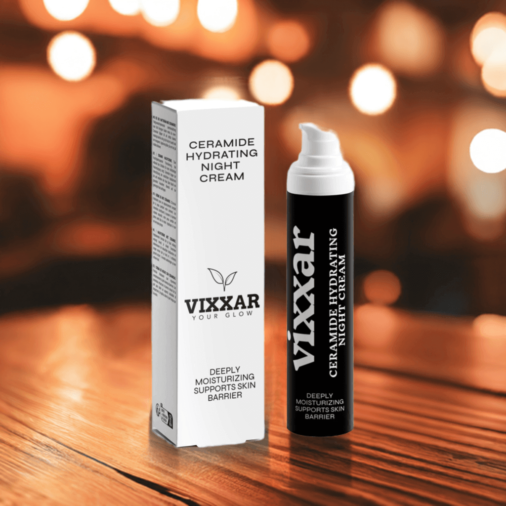 Ceramide Hydrating Night Cream 50ml for dry aging skin, intense hydration, and overnight barrier repair. Vixxar packaging with lights.