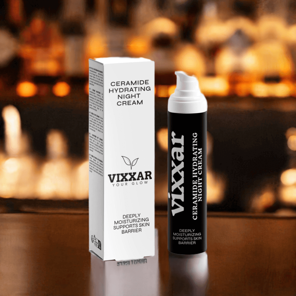 Ceramide Hydrating Night Cream 50ml for dry aging skin, intense hydration formula, Vixxar packaging.