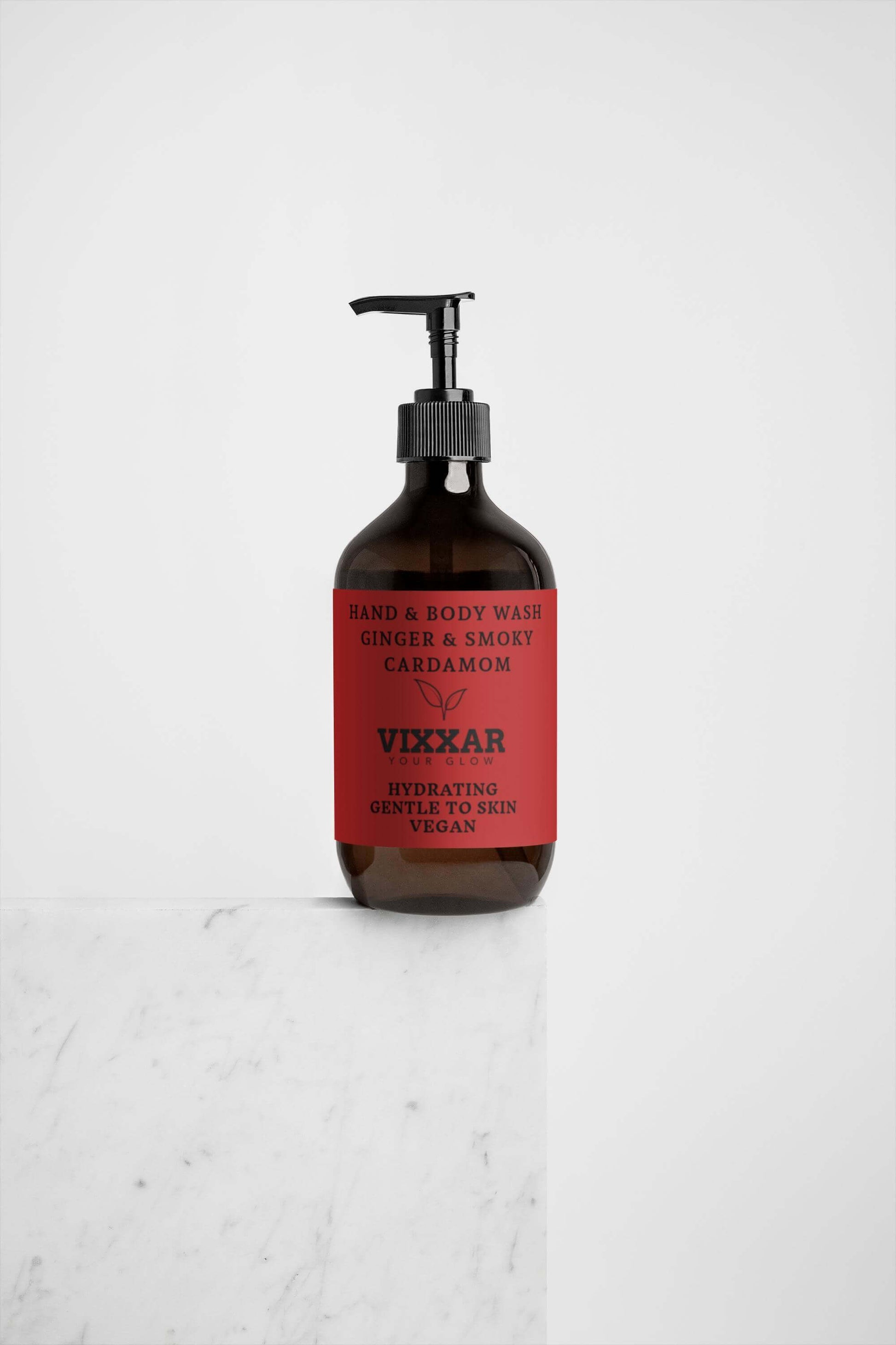 Bottle of ginger body wash with cardamom scent, enhancing hydration and luxurious cleansing in a 490ml size.