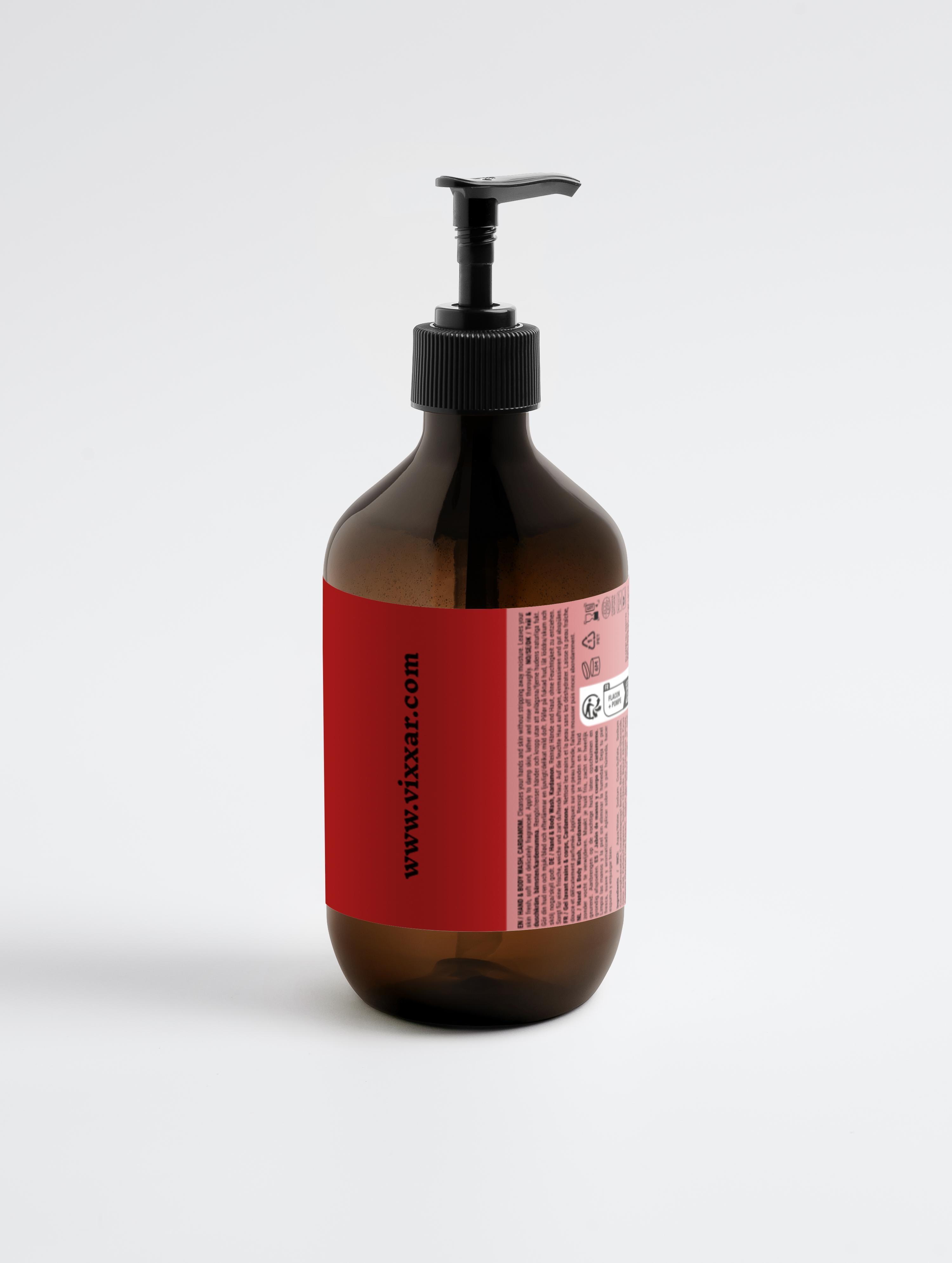 Ginger body wash bottle with smoky cardamom scent, 490ml, luxury hydration for hands and body.