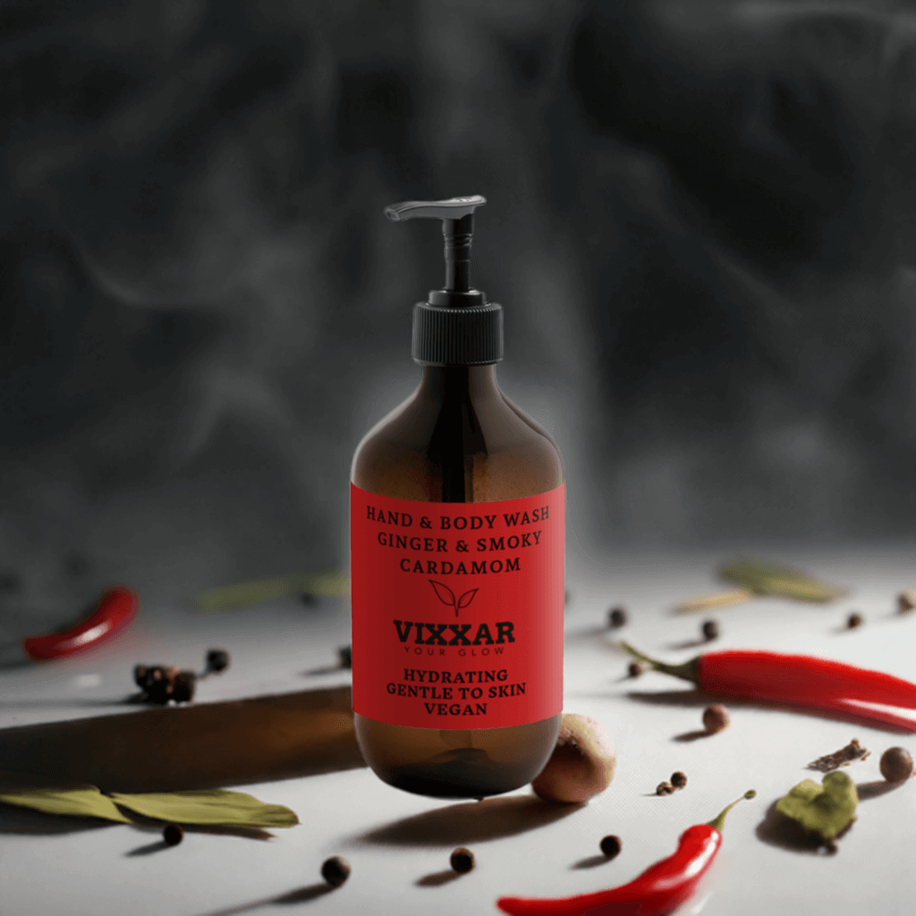 Ginger body wash bottle with smoky cardamom, hydrating hand and body cleanser, 490ml bottle amidst spices.