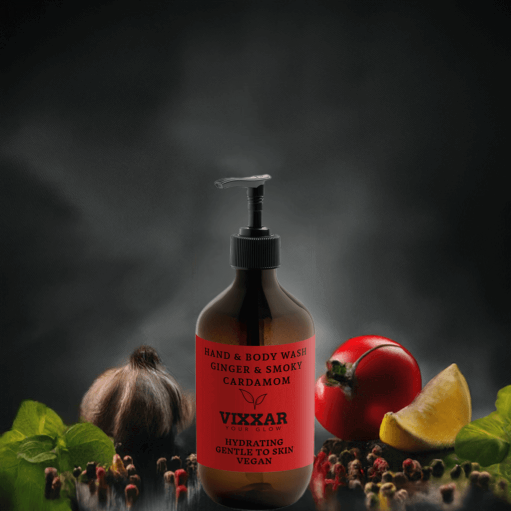 Luxury ginger body wash with smoky cardamom 490ml bottle, featuring hydrating ingredients like Betaine and Quince Extract.