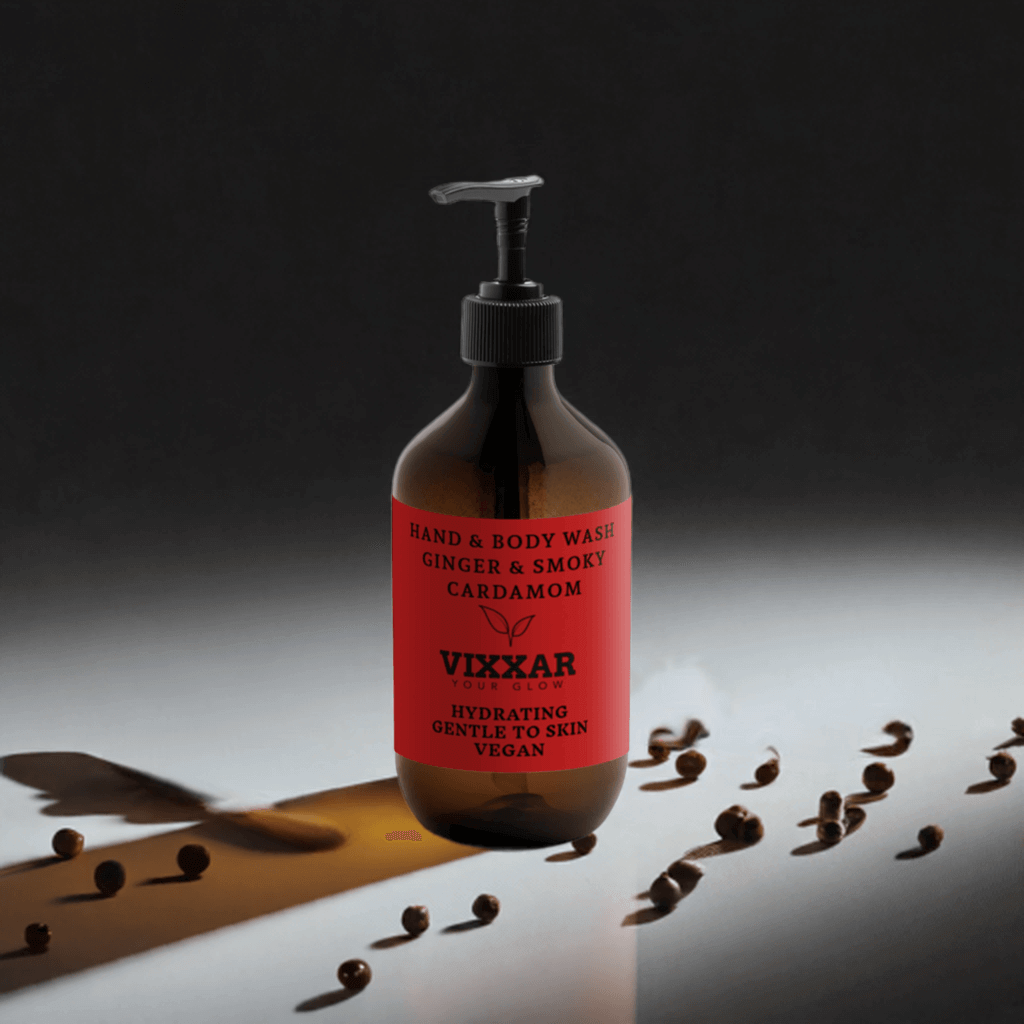 Ginger body wash bottle with ginger and cardamom spices, 490ml luxury hydration