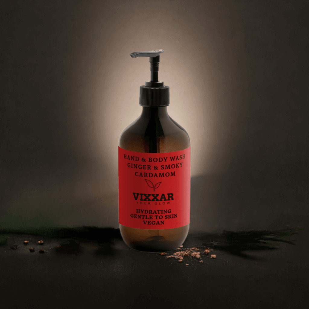 Luxury ginger body wash with smoky cardamom in a 490ml bottle, offering hydration and a spa-like cleansing experience.