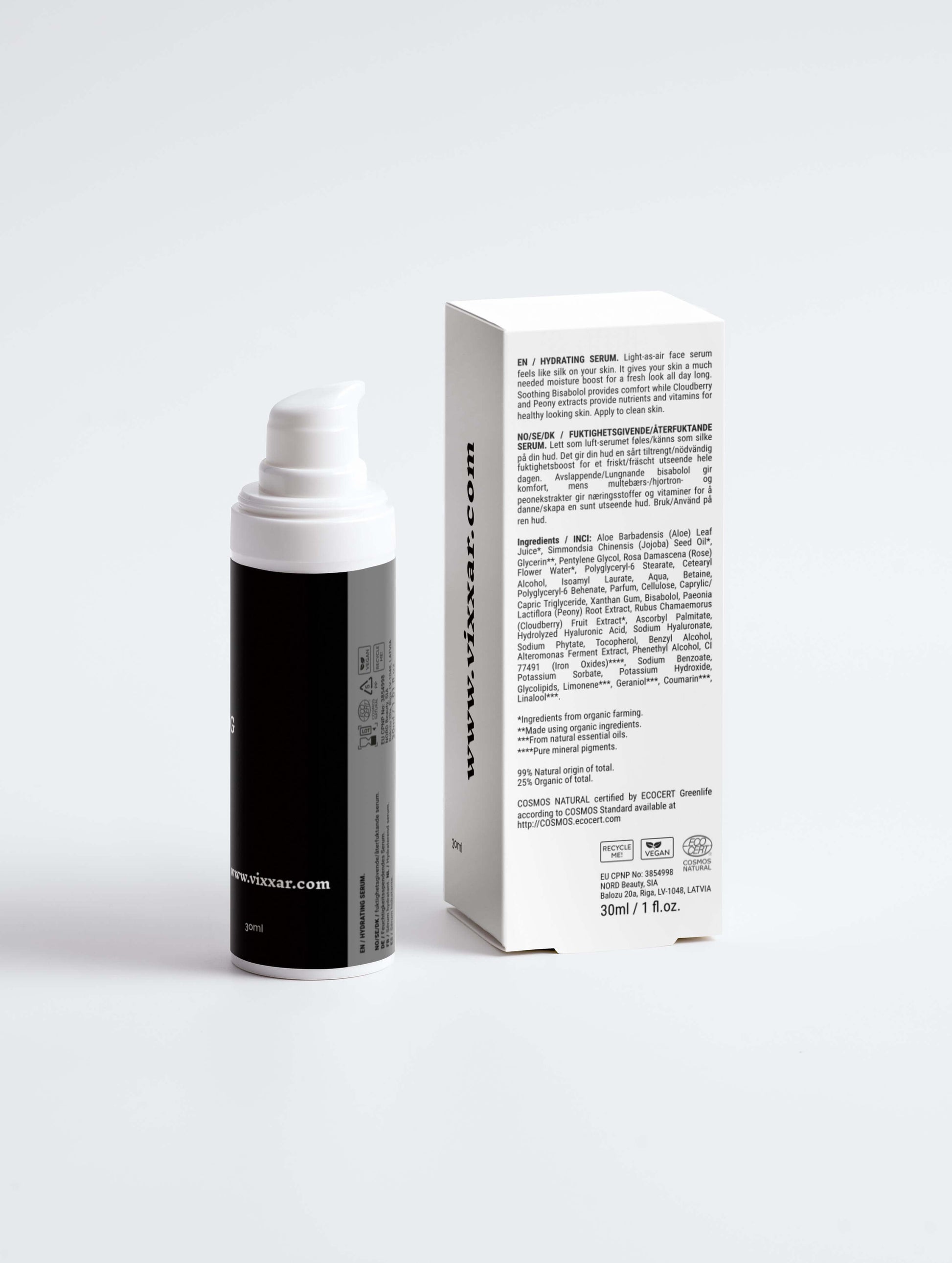 Hydrating Face Serum 30ml with Hyaluronic & Botanicals, shown with packaging, offers deep hydration and lightweight radiance for all skin types.