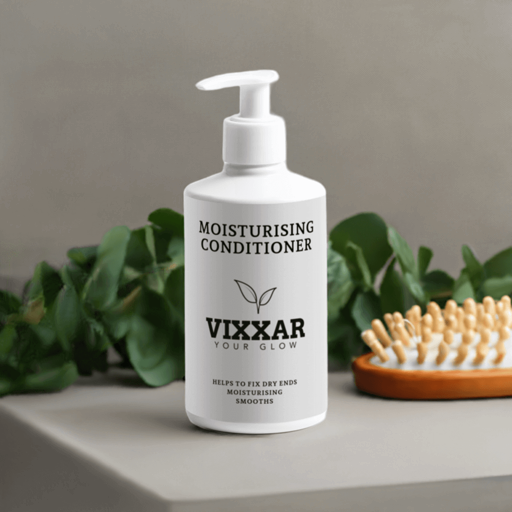 Moisturising Conditioner bottle with argan oil & aloe for dry hair, 300ml, on a table with a hairbrush nearby.