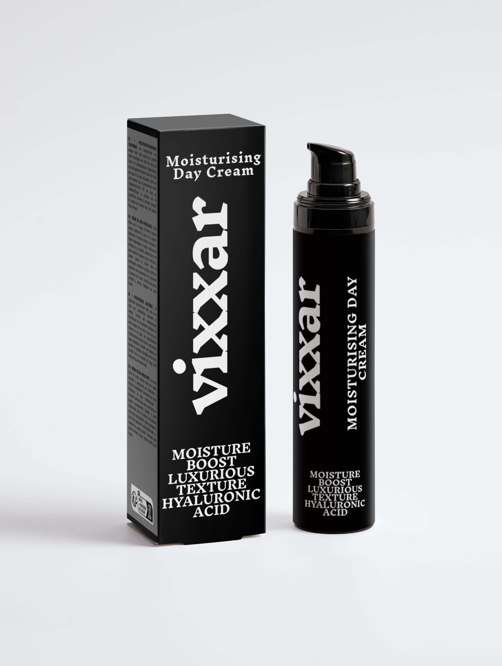 Vixxar Moisturizing Day Cream 50ml bottle and box for radiant, dewy skin with hyaluronic acid.