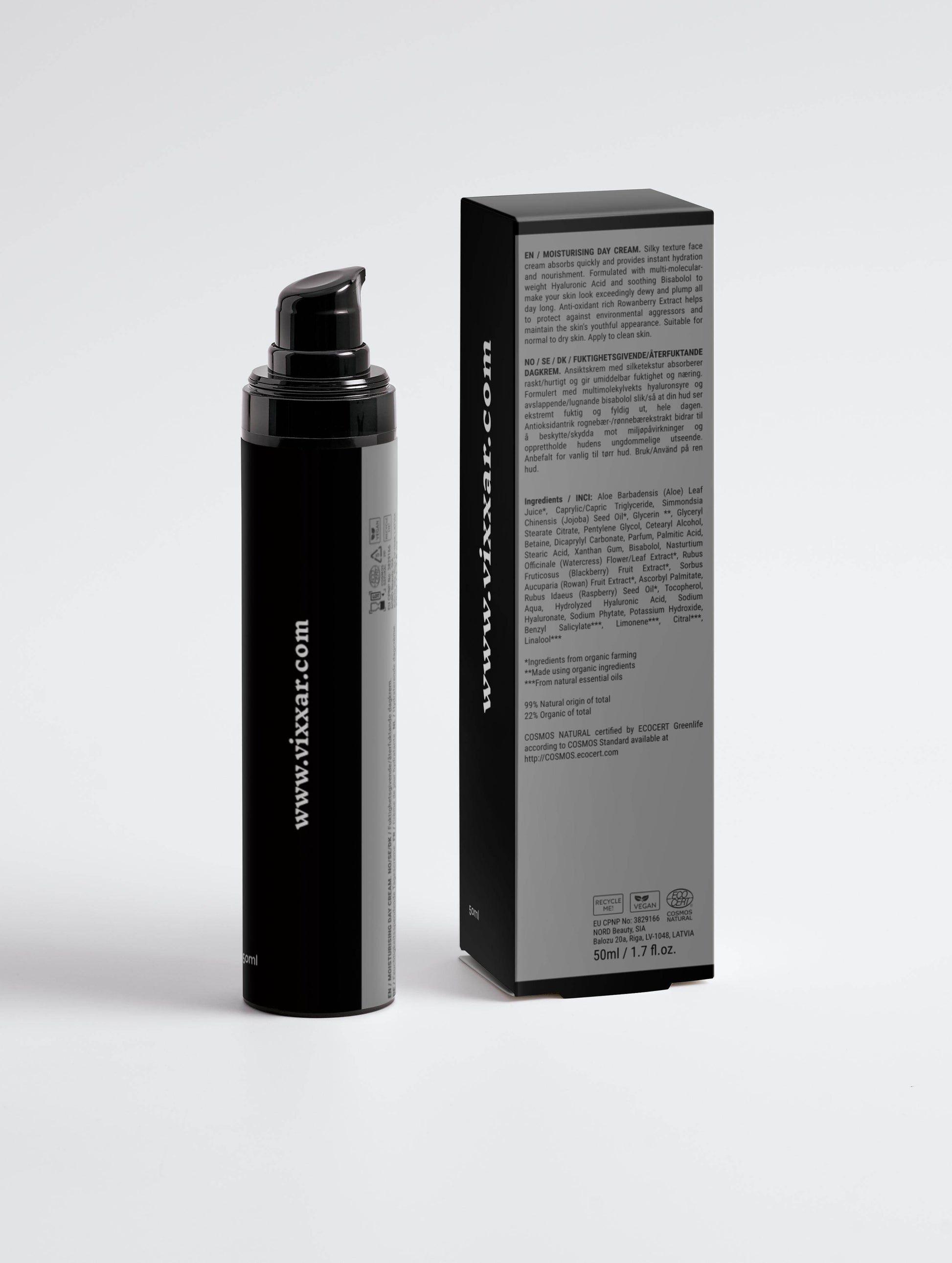 Moisturizing Day Cream 50ml bottle with box, offering silky hydration for radiant, dewy skin, enriched with hyaluronic acid and aloe juice.