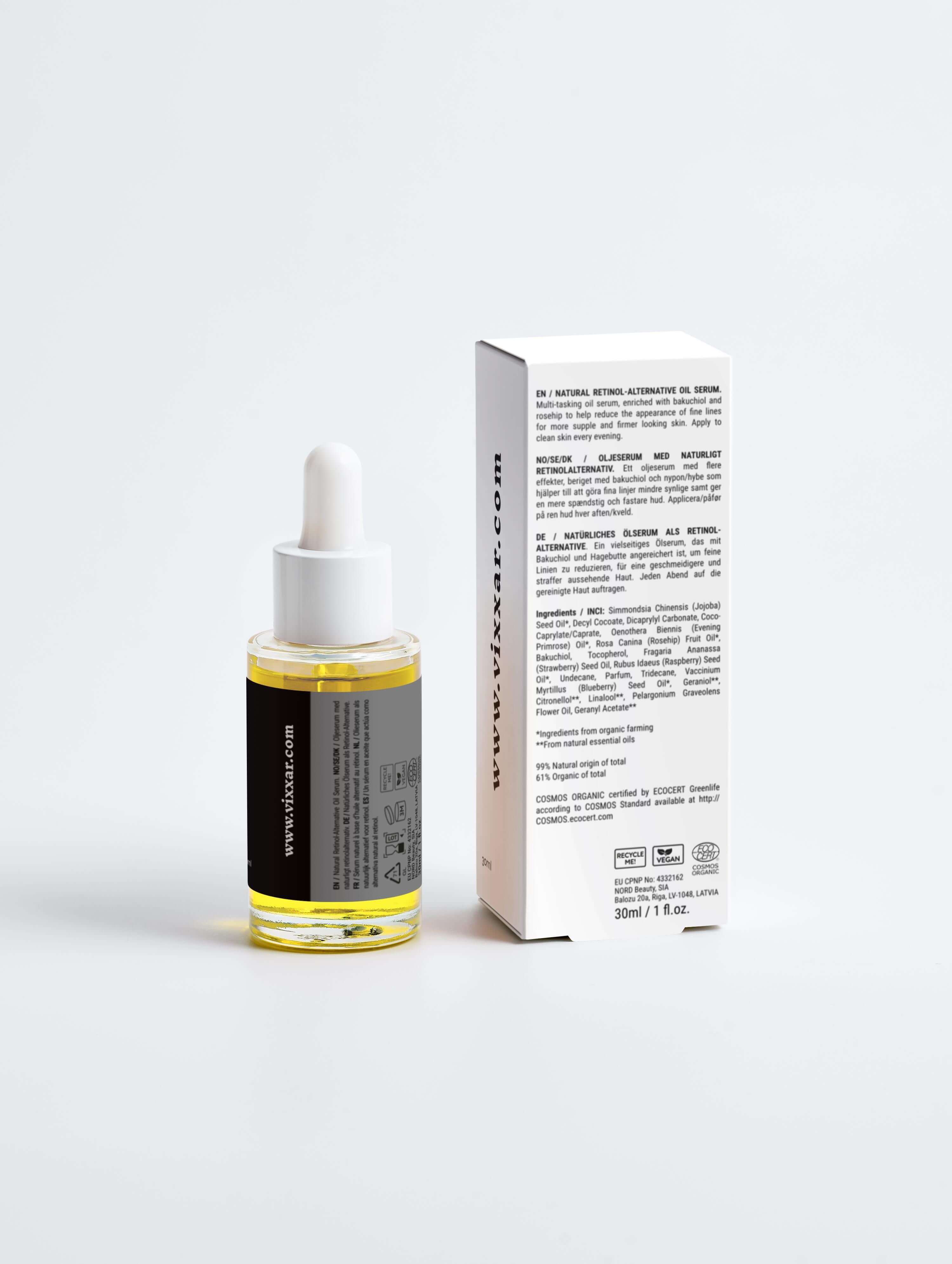 Natural Retinol-Alternative Oil Serum 30ml with Bakuchiol and Rosehip Seed Oil for deep hydration and youthful skin rejuvenation.