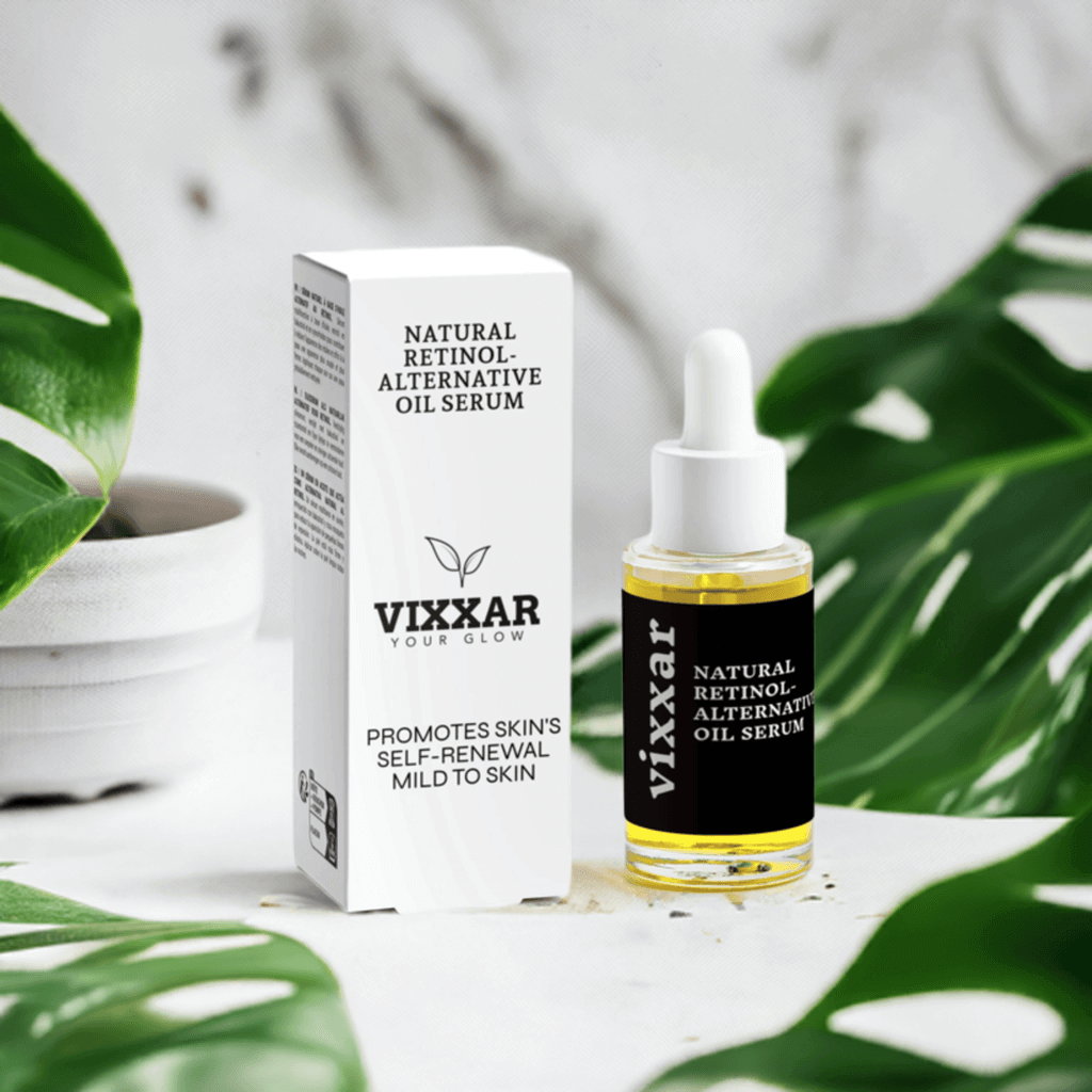 Natural Retinol-Alternative Oil Serum 30ml with Bakuchiol for smooth, hydrated, rejuvenated skin; gentle formula with rosehip seed oil.