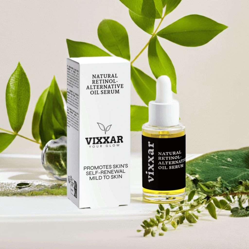 Natural Retinol-Alternative Oil Serum 30ml with Bakuchiol, promoting skin renewal with deep hydration, next to box and green leaves.