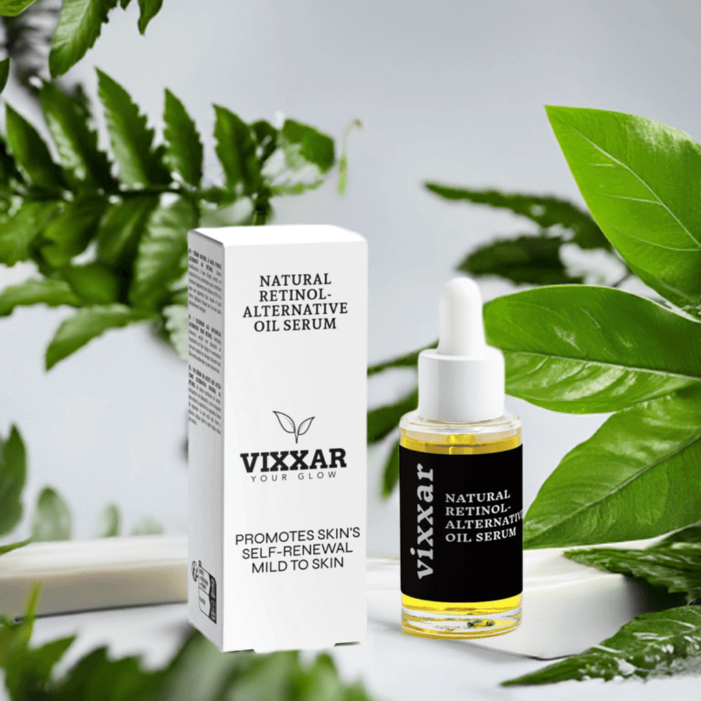 Natural Retinol-Alternative Oil Serum 30ml with Bakuchiol, surrounded by lush greenery, supports hydration and youthful glow.