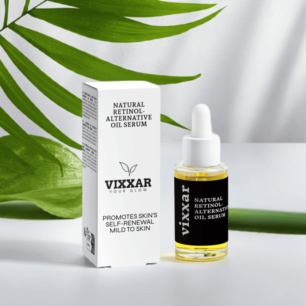 Natural Retinol-Alternative Oil Serum with Bakuchiol, 30ml bottle and box, for radiant and hydrated skin.