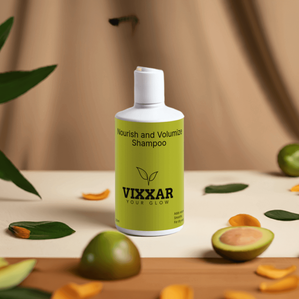 Alt Tag: Nourish & Volumize Shampoo bottle with fruits and leaves background for strength, hydration, and fuller hair.
