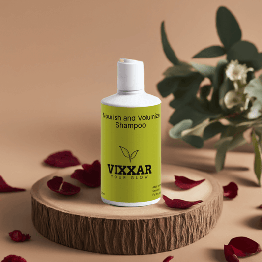 Nourish & Volumize Shampoo 300ml bottle with botanical backdrop, designed for hydration and fuller hair with Betaine and Wheat Protein.