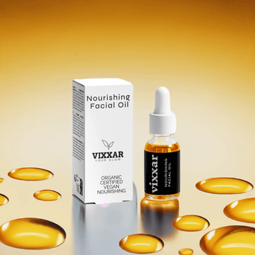 Organic Nourishing Facial Oil 15ml bottle with box, anti-aging vegan oil for radiant skin, surrounded by golden drops on gradient background.