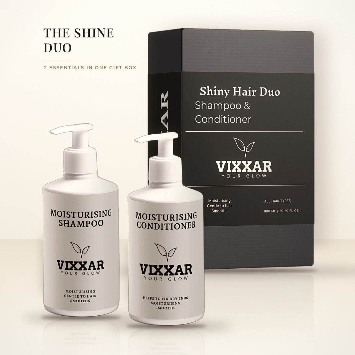 Vixxar Shiny Hair Duo gift set with Moisturising Shampoo and Moisturising Conditioner in front of the gift box
