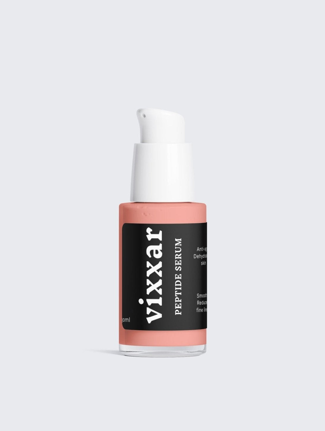 peptide serum bottle vixxar with black label on a light gray background