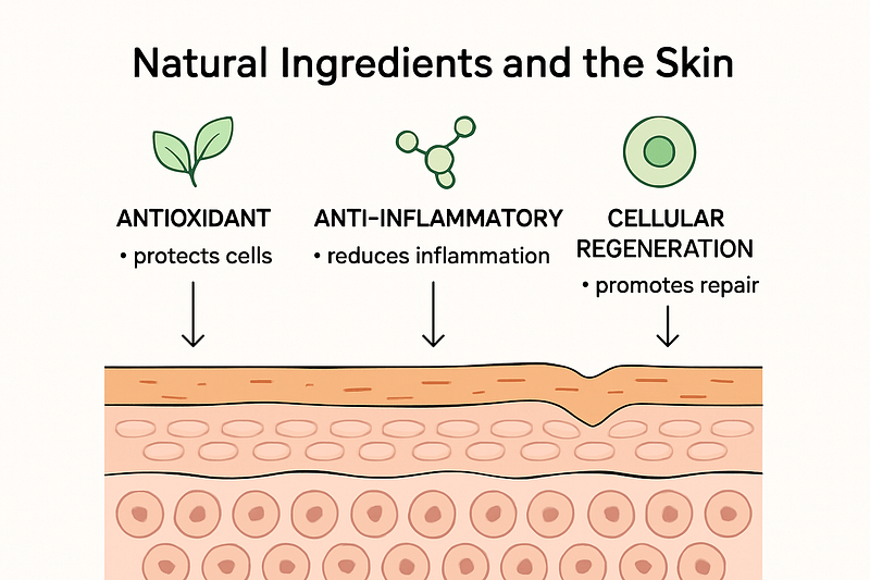 “Scientific diagram showing natural ingredients like green tea, niacinamide, and zinc oxide in skincare”