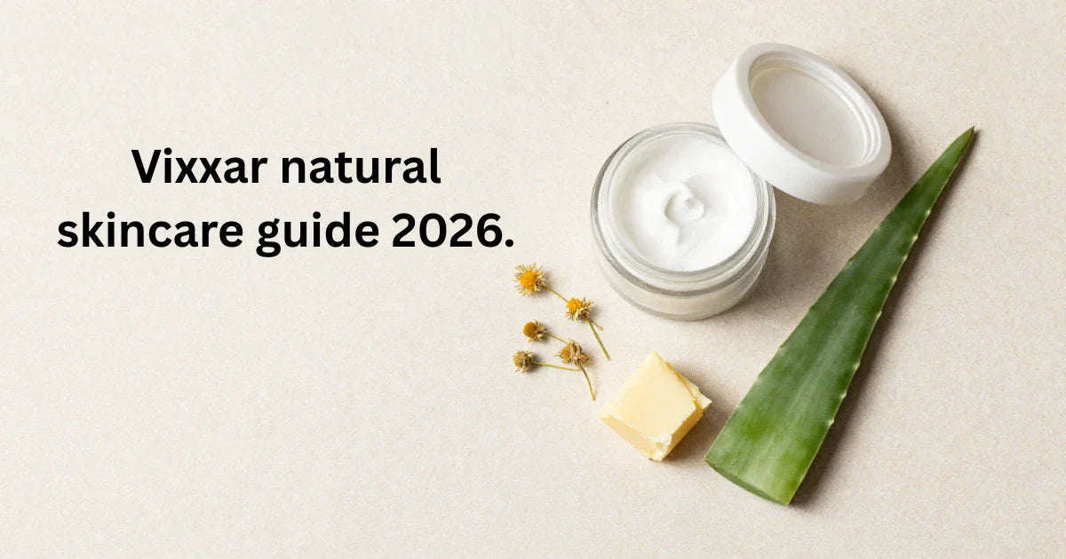Natural moisturiser ingredients for sensitive skin — chamomile, aloe vera and shea butter on a clean linen surface. Vixxar natural skincare guide 2026