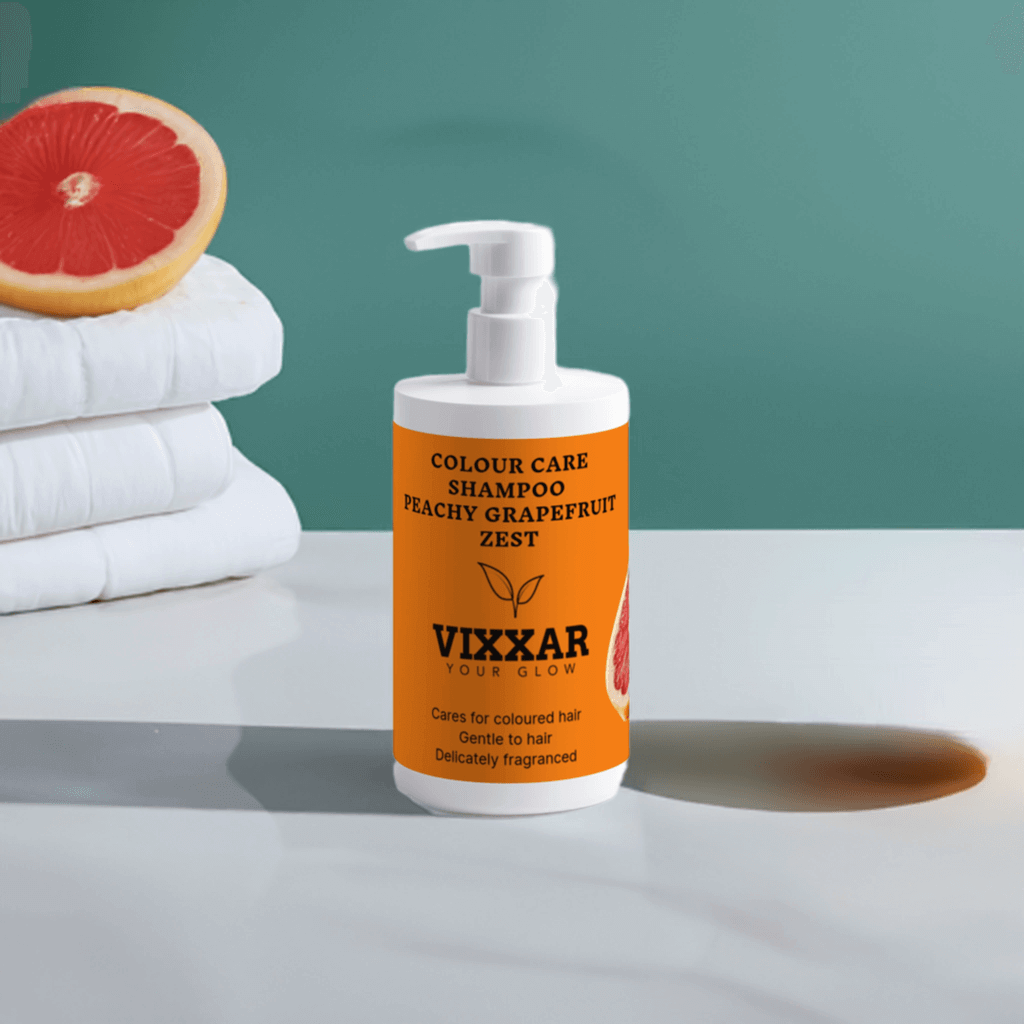 Vixxar Colour Care Shampoo in Peachy Grapefruit Zest bottle on table with grapefruit and towels in background.