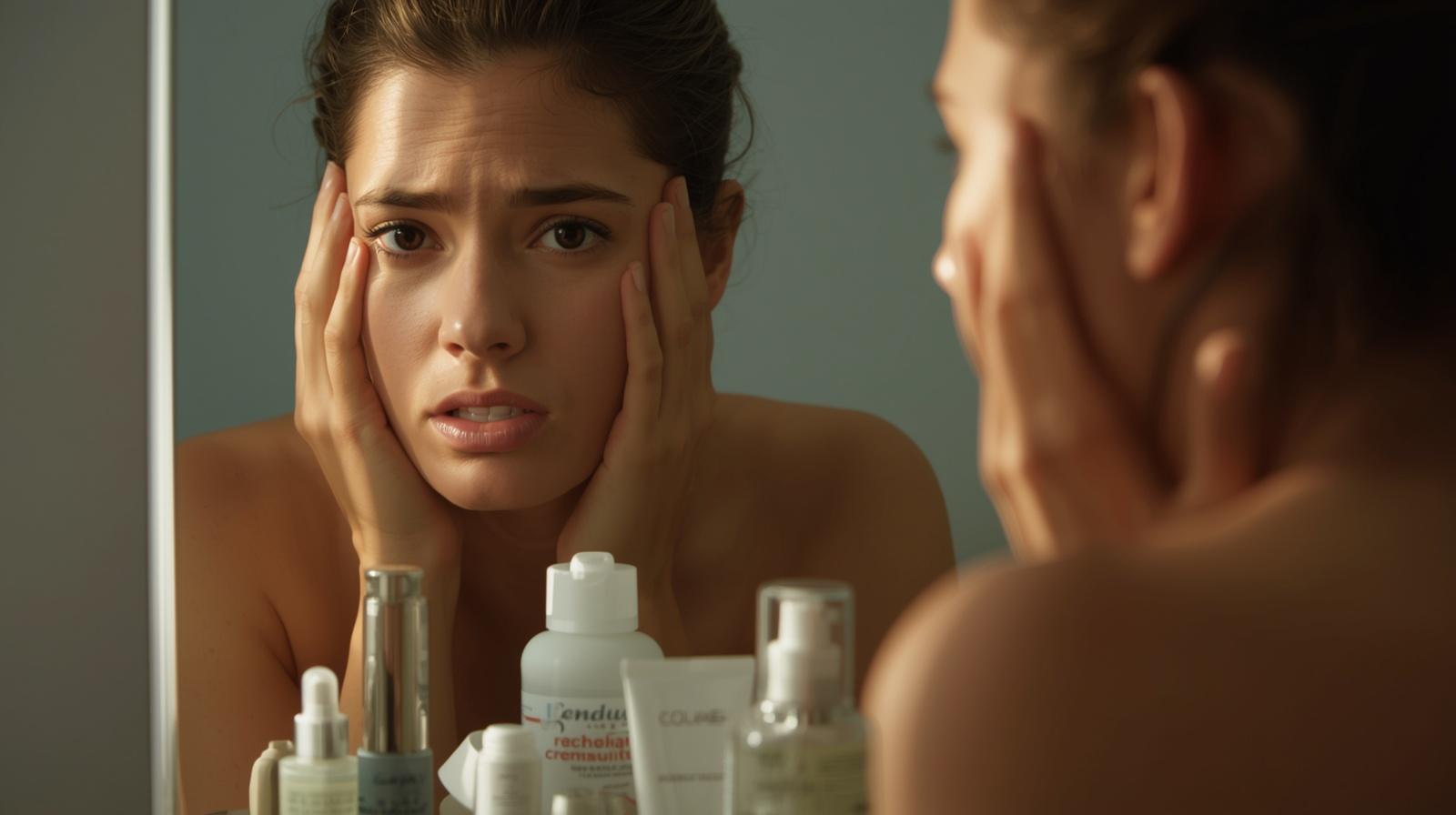 frustrated woman with many skincare products not working