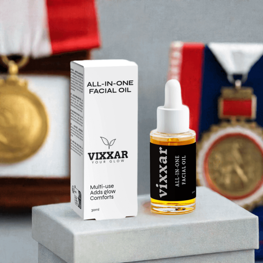 Vixxar Organic Facial Oil — COSMOS-certified Argan, Rosehip &amp; Bakuchiol oils for radiant, healthy skin. Ships to USA, UK &amp; Europe.