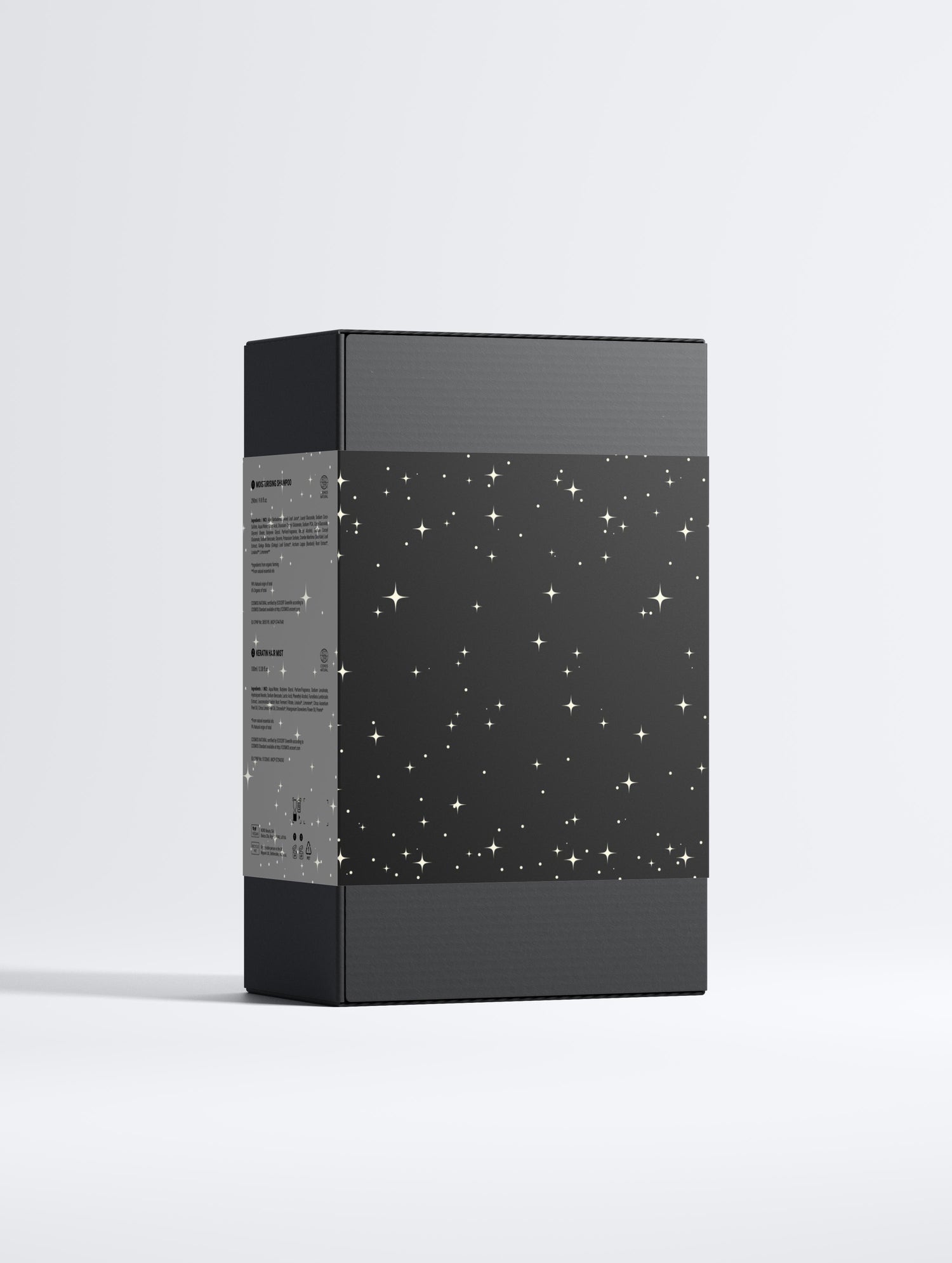 Black rectangular box with star pattern on a white background