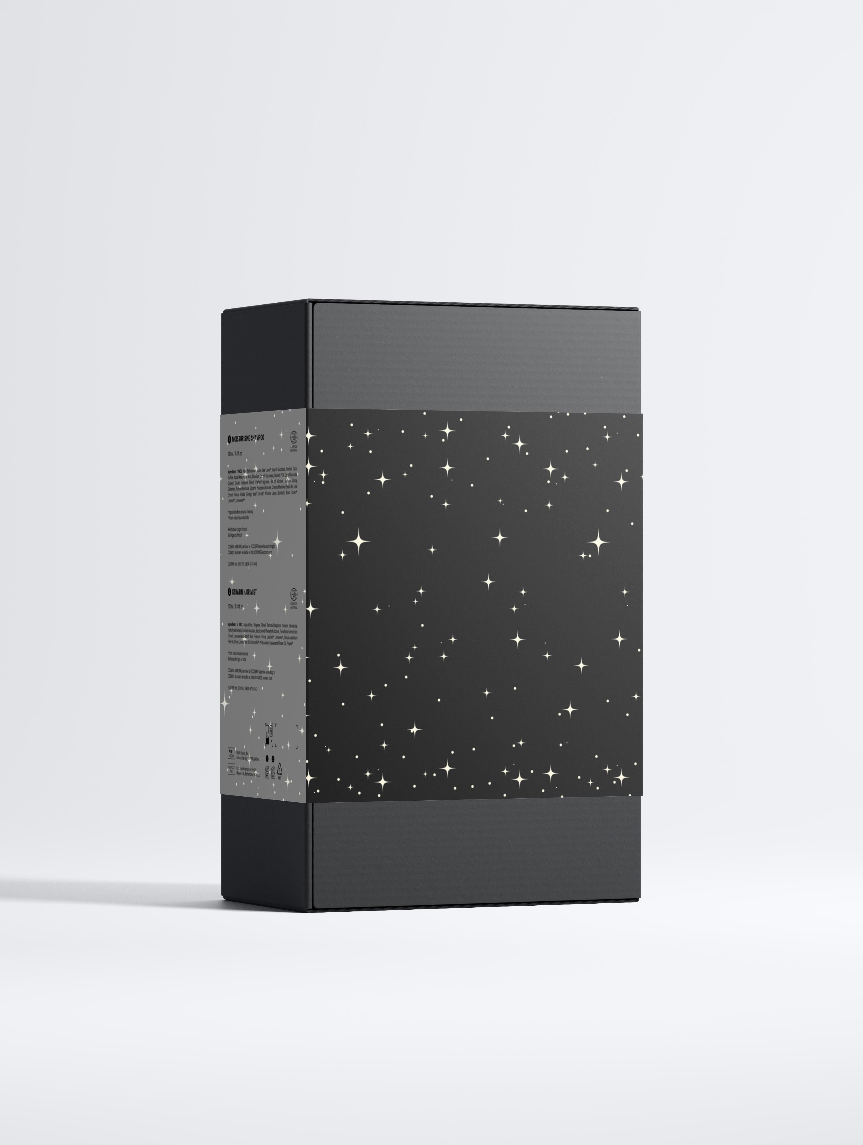 Black rectangular box with star pattern on a white background