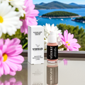 Vixxar Peptide Serum with flowers and ocean view; anti-aging skincare product for smoothing and reducing fine lines.
