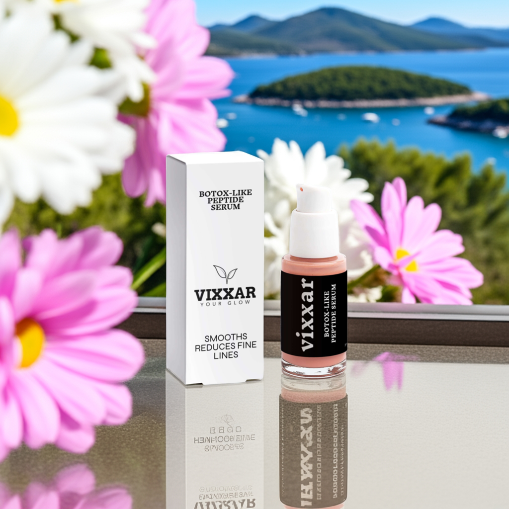 Vixxar Peptide Serum with flowers and ocean view; anti-aging skincare product for smoothing and reducing fine lines.