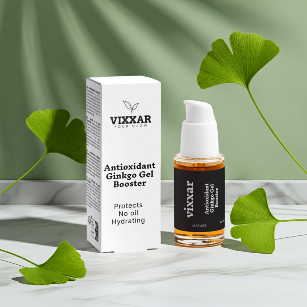 Antioxidant Ginkgo Gel Booster 30ml bottle on a scenic wooden path amidst lush green hills and wildflowers.