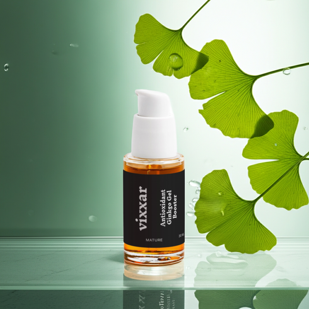 Antioxidant Ginkgo Gel Booster 30ml, oil-free hydration serum next to packaging box.