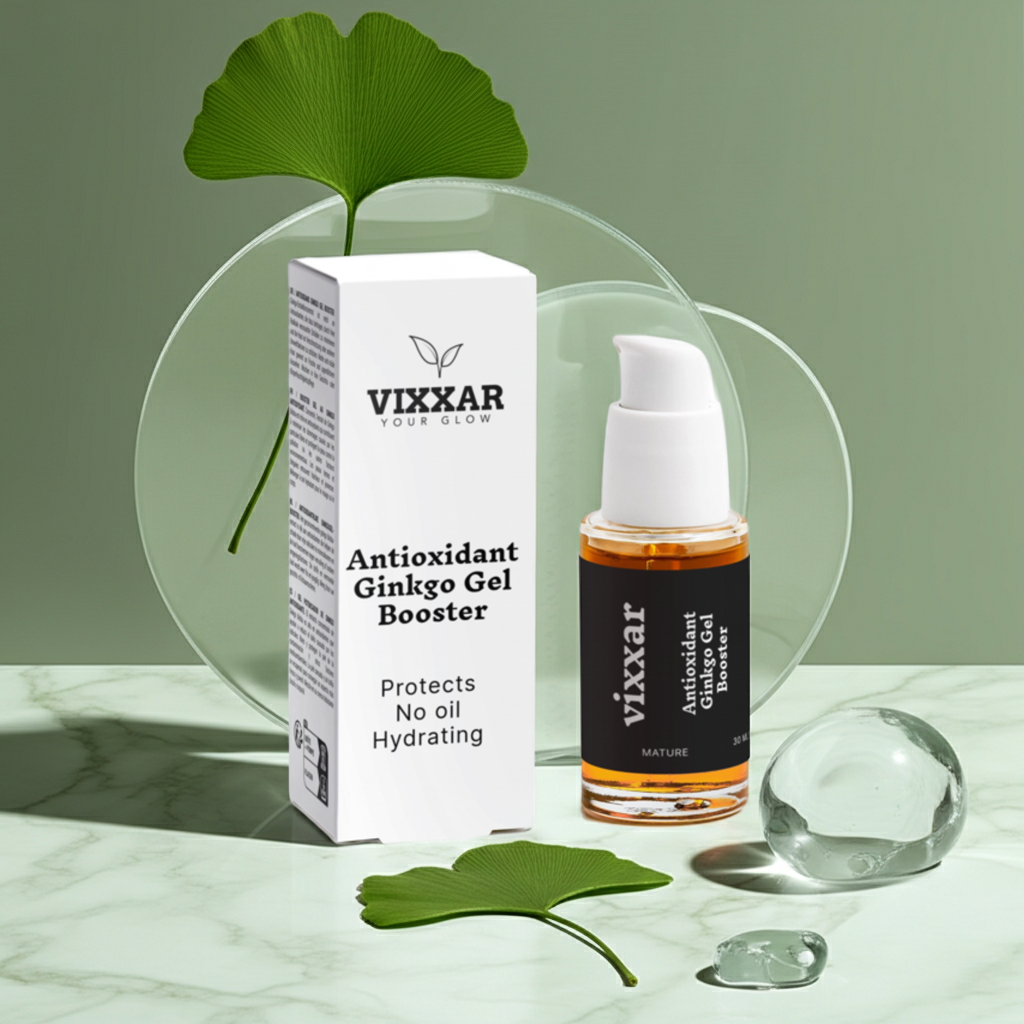 Antioxidant Ginkgo Gel Booster 30ml, oil-free hydration and firming skincare with lightweight formula and Ginkgo Biloba extract.
