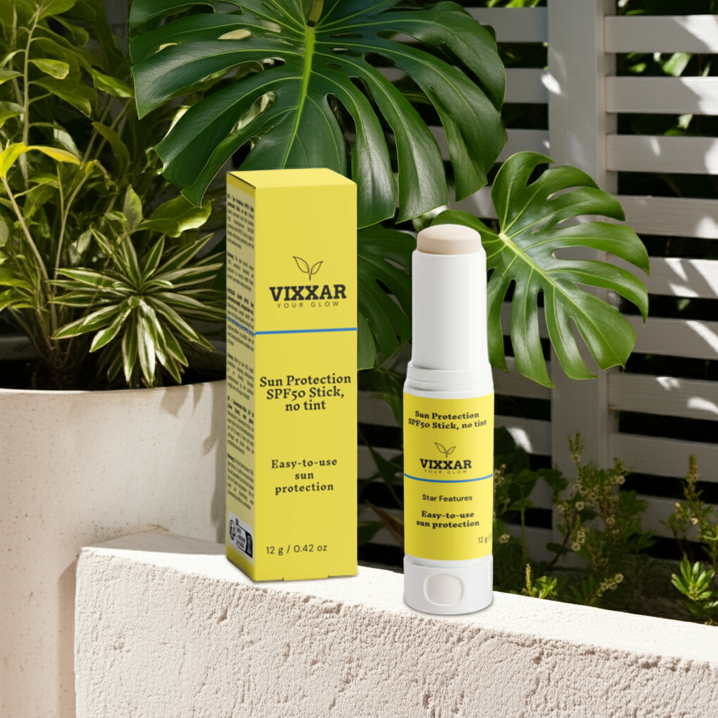 Vixxar SPF 50 mineral sunscreen stick with packaging in garden setting, offering invisible zinc protection for all skin types.